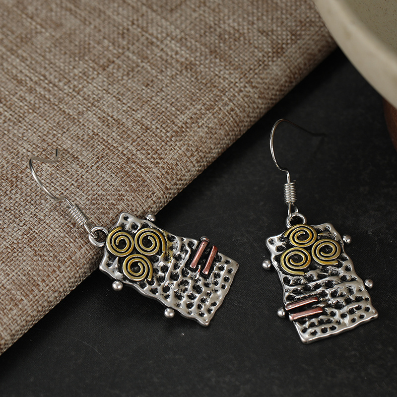 Women's Vintage Textured Rectangle Dangle Earrings, Two-Tone Design