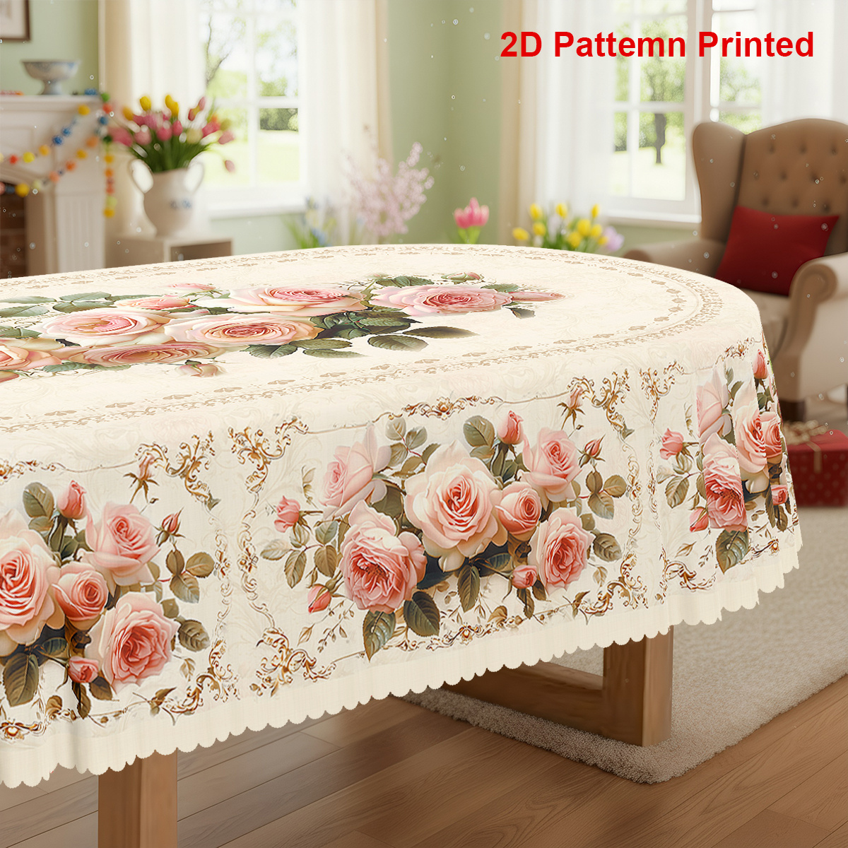 TEMU 1pc, Spring Summer Themed Party Tablecloth, Valentine's Day Mother's Day Floral Printed Design, Rectangular/round/oval Table Cloth, Embossed