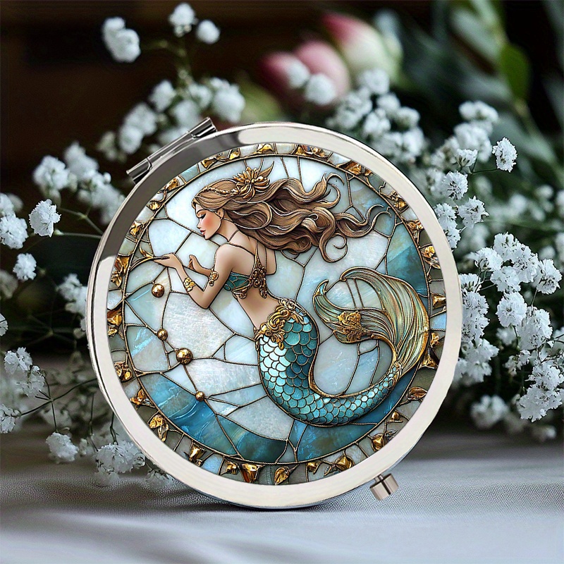 Image of 2d Flat Print Portable Handheld Folding Round Makeup Mirror Featuring A Mermaid With A Golden Tail For Wedding Favors Holidays And Special Occasions, 2d Flat