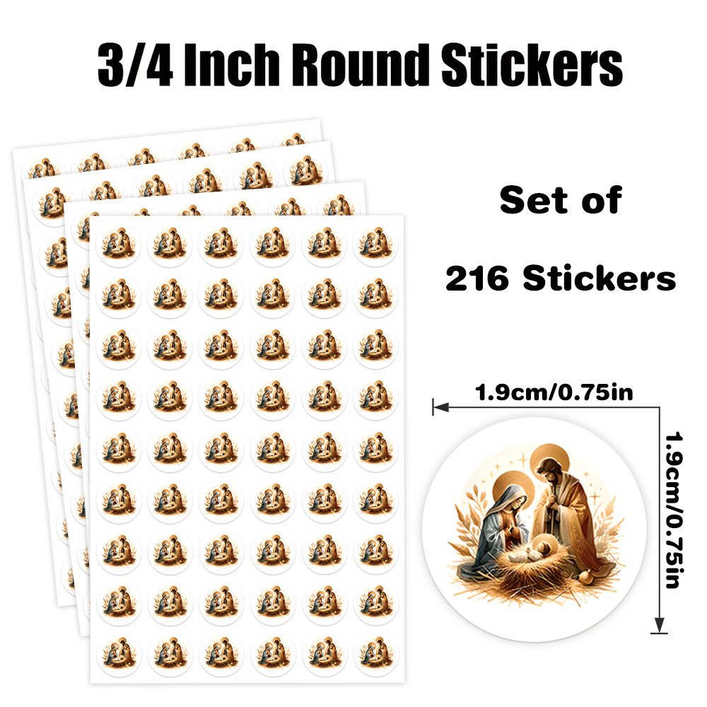 TEMU 216pcs Nativity Scene Stickers Suitable For Gift Tags & Party Decorations - Manger With Baby, 2 Figures & Golden Frames, Multicolor Paper Sheets