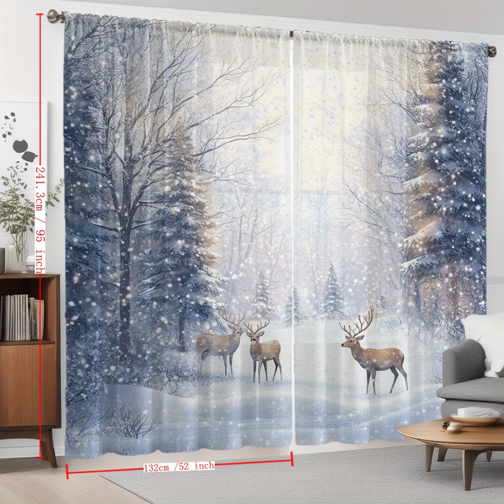 TEMU 2pcs Reindeer In Snow Winter Print Sheer Curtains, With Rod Pocket Decorative Window Drapes - Suitable For Kitchen, Cafe, Living Room, Balcony,