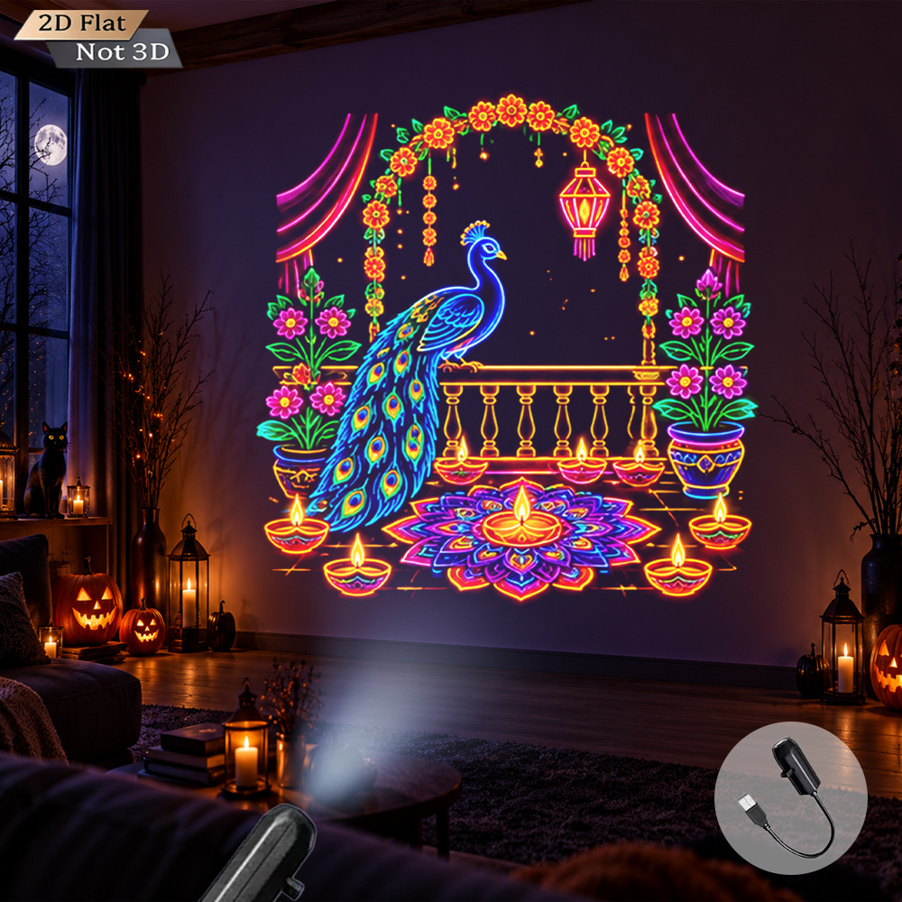 TEMU Portable Usb Powered Projector Light Diwali Festival Peacock With Diyas And Floral Arch Led Projection Lamp Ambient Night Light Decor For Living