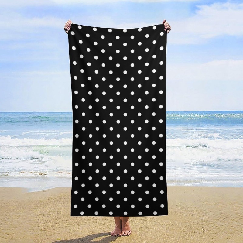 TEMU 1pc, Classic Polka Dot Beach Towel, Microfiber Material, Solid Black Background, Full Print White Small Polka Dots, Suitable For Outdoor Travel,