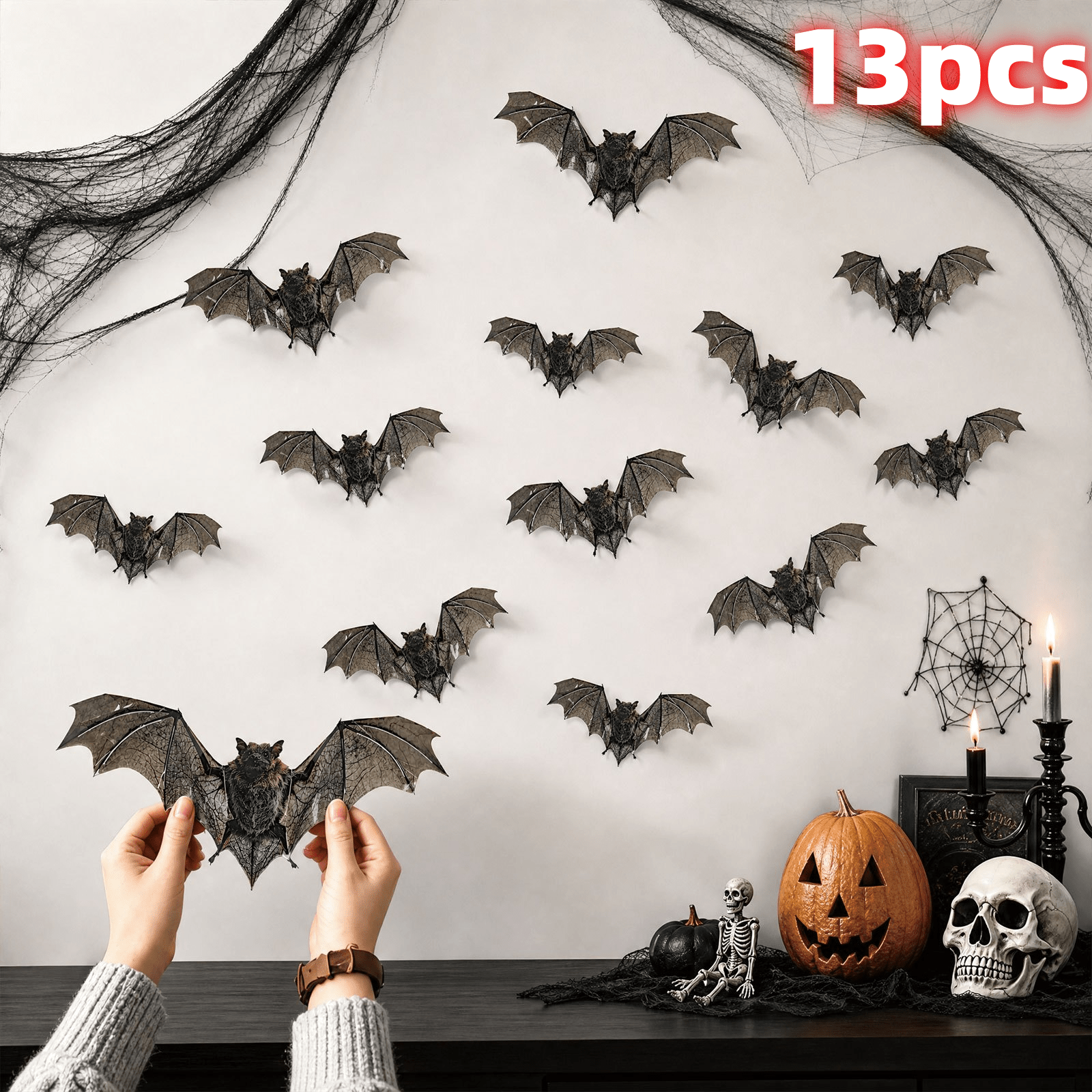 Image of 13pcs Vintage Realistic Bat Wall Stickers, Halloween Horror Themed Bat Wing Decals, Home Wall And Window Holiday Decorations