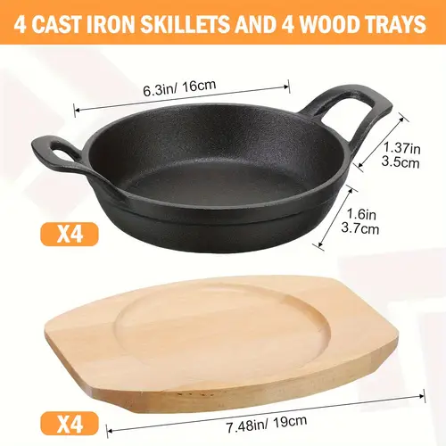 4 sets mini cast iron frying pan mini cast iron hissing pan frying pan with wooden base small iron pan cast iron pan mini cast iron pan suitable for baking and cooking 4 9 inches
