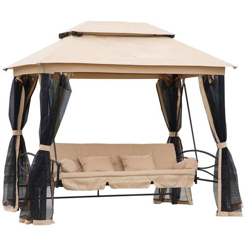 3 seat outdoor patio swing chair gazebo with double tier canopy mesh cushioned seats pillows convertible to hammock bed 660lb capacity beige labor day eid al outdoor patio chairs versatile outdoor furniture tufted durable gazebo