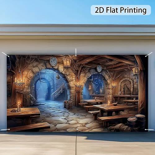 1pc medieval banner european style pub scene with stone arches signs rustic furniture durable fabric outdoor decoration for christmas new years themed parties with 6 holes no power needed 2d flat