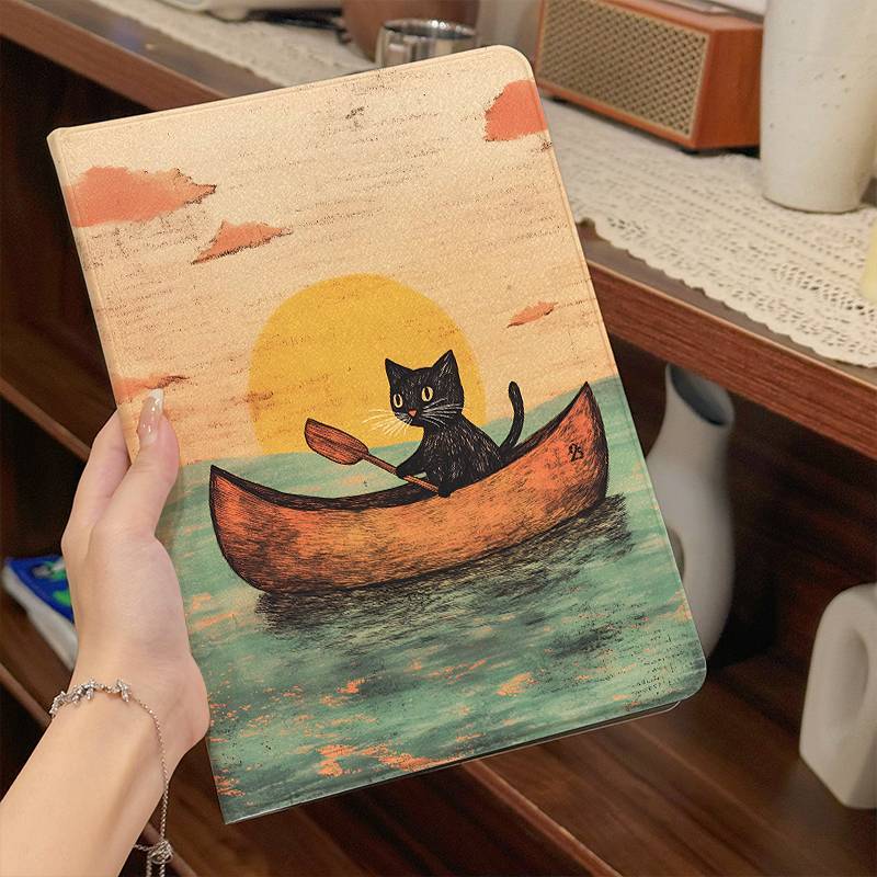 

Rowing Kitten Pattern Tablet Case /a7 Lite/a8/a9/s6 Series - Leather, Multi-angle , Auto Wake/sleep, Compatible With /t503/t505/t507/t509 And More, Tablet Protective Cover|sunset Illustration|quality