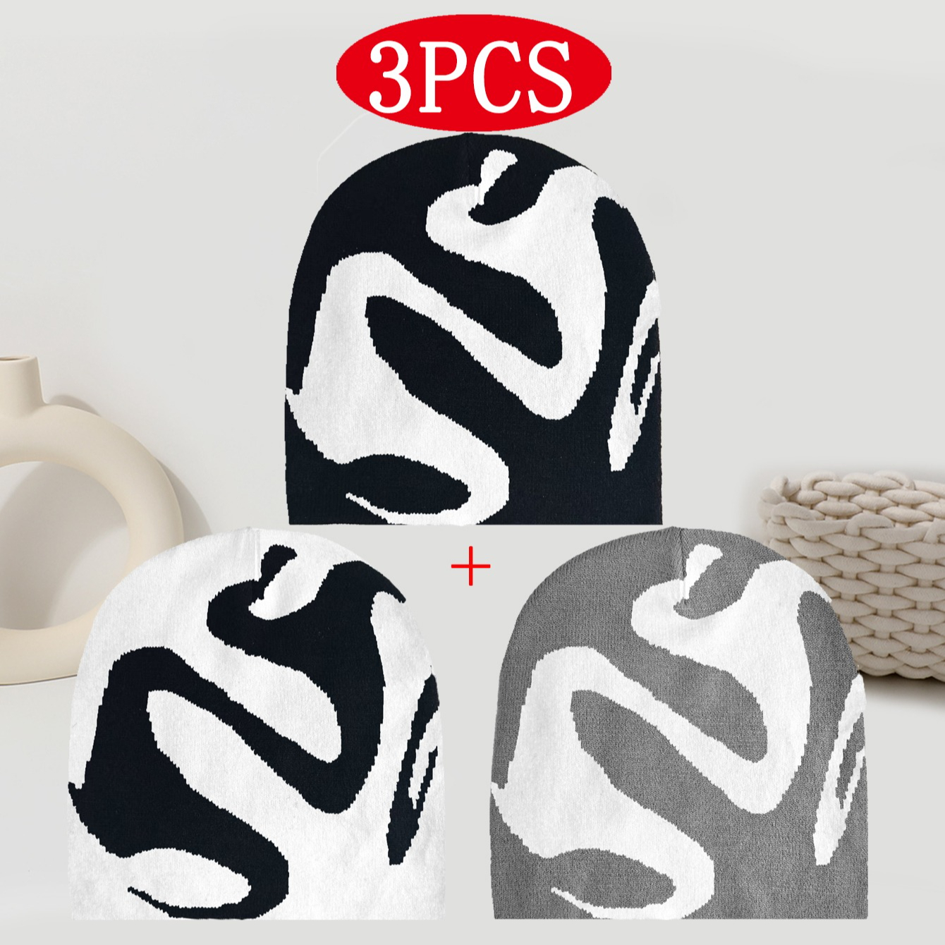 TEMU Set Of 3 Gothic Design Jacquard Knit Hats, Suitable For Outdoor Cycling In Autumn/winter, Unisex Warm Ski Hat, Trendy Y2k Street Style Knit ,
