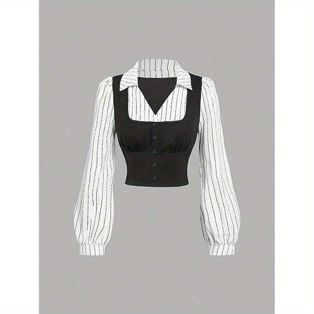 MOD Women's 2-in-1 Long Sleeve Shirt with Black & White Striped Sleeves & Off-Shoulder/Boat Neck Top - Business Casual Blouse, Structured Non-Stretch Fabric, Machine Washable for Spring/Fall Office & Casual Wear, Versatile Fashion, Fitted Design, Timeless Elegance