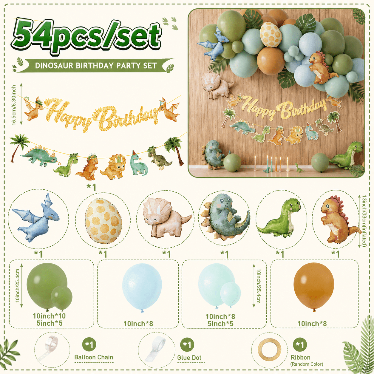 TEMU Set de 54 globos de de dinosaurios con globos de aluminio de dinosaurios adorables, globos de látex y pancarta de , cinta de color aleatorio,