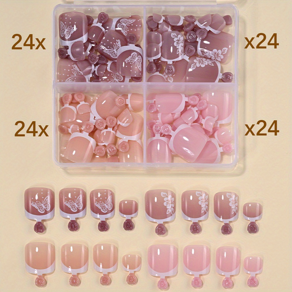 E-shop 96 Stück Weiße Blume Französisches & Einfarbige Design Falsche Zehennägel, 4 Stile Acryl Zehennagelspitzen, Vollständige Abdeckung Zehennägel
