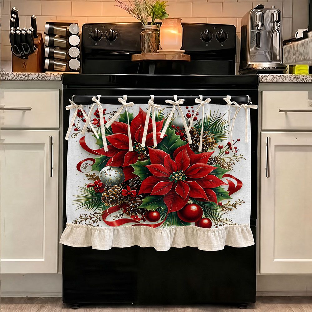 TEMU Plat 2D, Style de Noël 2D, Décoration de Cuisine, Rideau de Multifonctionnel pour Four, Motif Poinsettia Rouge et Pomme de Pin, avec Ourlet à