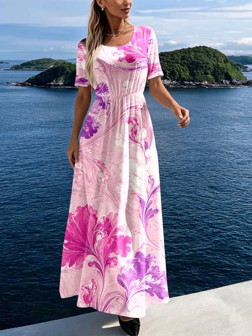 item picture 1pc powder purple gradient floral womens long dress summer atmosphere long skirt soft friendly drape holiday relaxation travel outfit good
