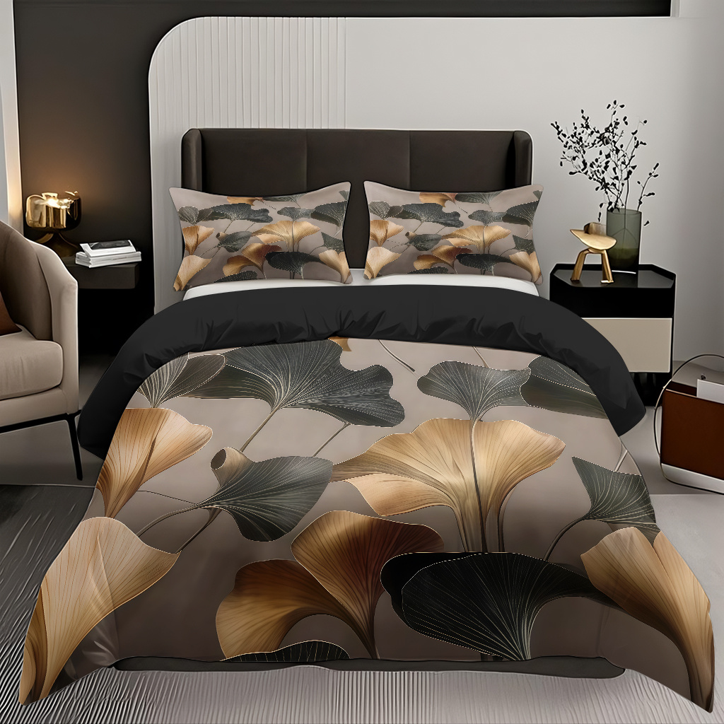 E-shop 2/3-tlg. Bettbezug-Set mit gebogenem Ginkgoblatt-Muster, Modisches Klassisches Digitales Druckdesign, Weiche und Bequeme Daunenbettdeckenhülle,
