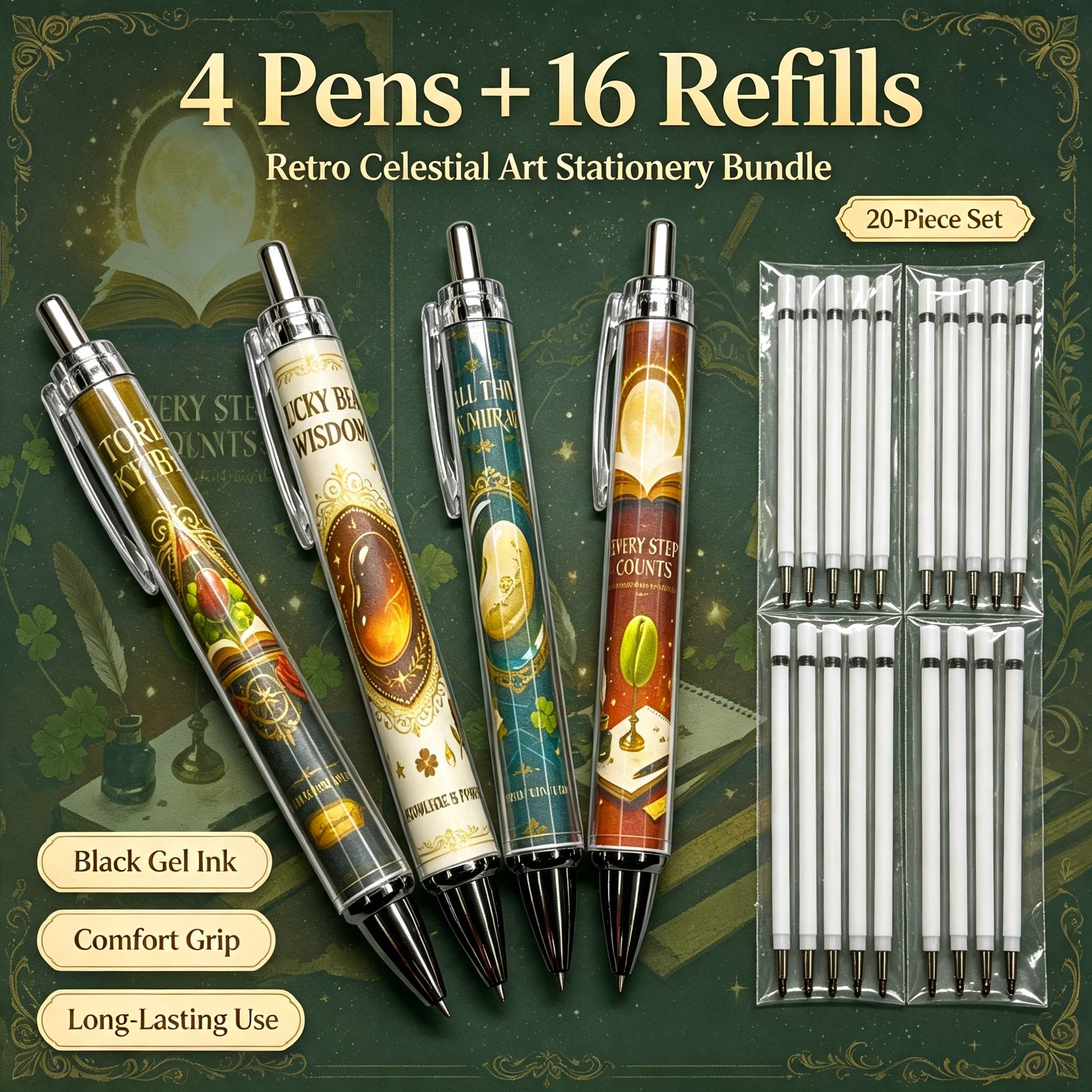 TEMU Set da 20 pezzi (4 stili di penne gel a motivo e 16 ricariche) con un design a fava perfettamente integrato nel penna, da 0,5 mm, a studenti,