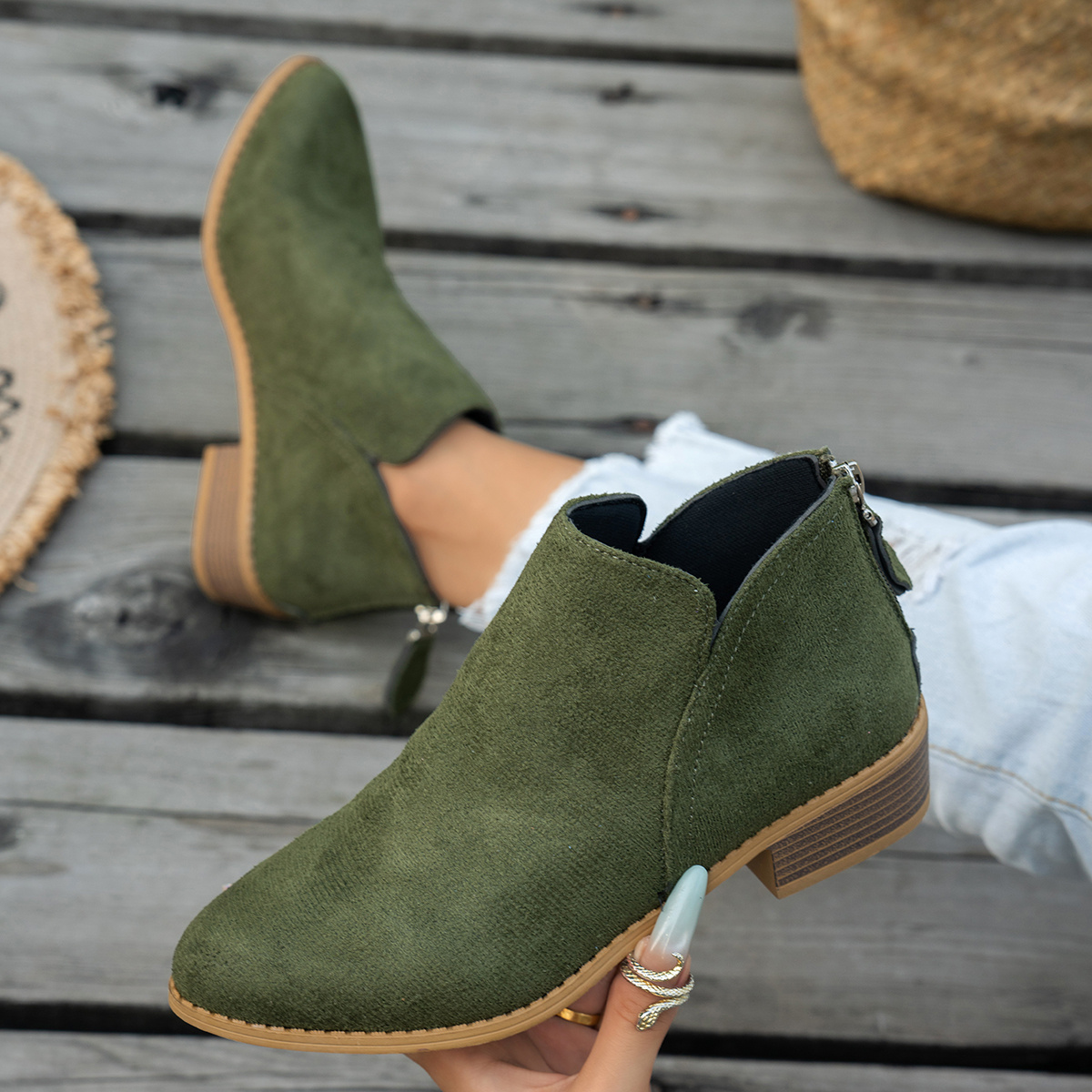TEMU Autumn Winter New Women's Chelsea Short Boots Round Toe Low Heel Thick Heel Back Zipper Ankle Boots Western Trade Casual Women's Boots Versatile