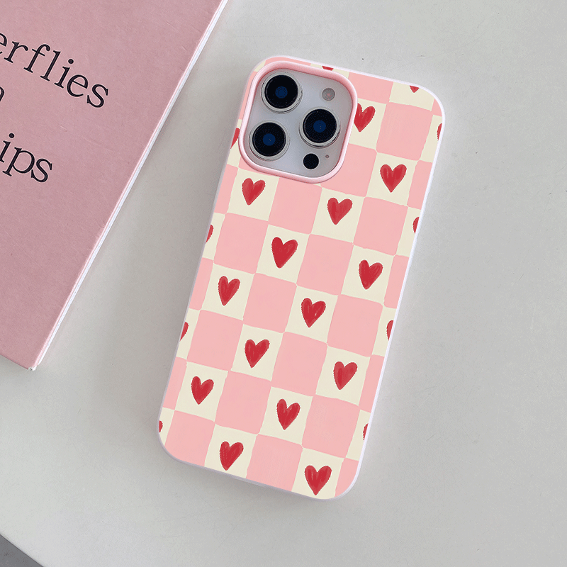 TEMU 1 Pink Checkered Heart Pattern Phone Case For Iphone 17/17 Air/17 Pro/17 Pro Max/16/16 Plus/16 Pro/16 Pro Max/ Plus/15 Pro/15 Pro Max/14/14