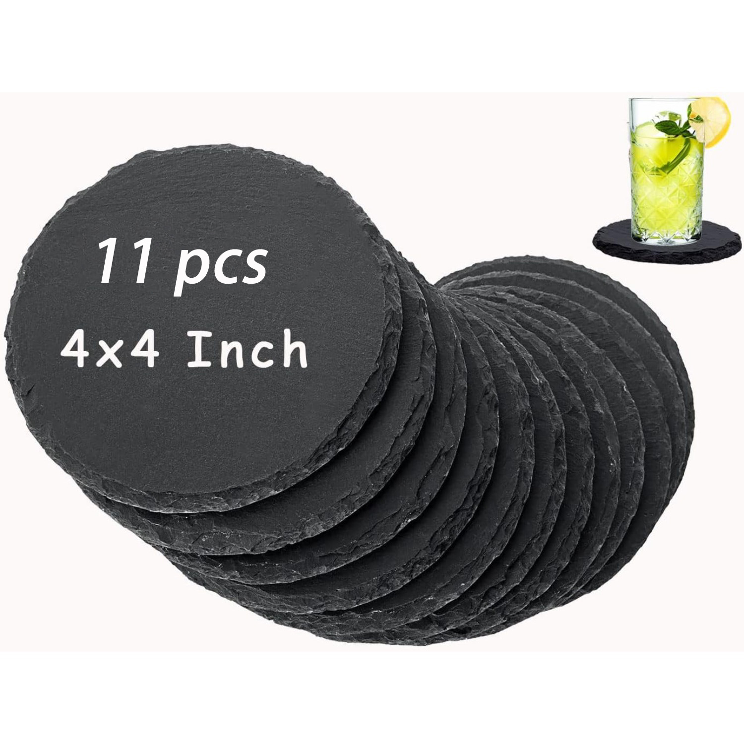 TEMU 11/48/96pcs Tocome Round Slate Coasters, 4-inch High-quality Black Natural Slate Material With Scratch-resistant Bottom Slate Coaster, Stone