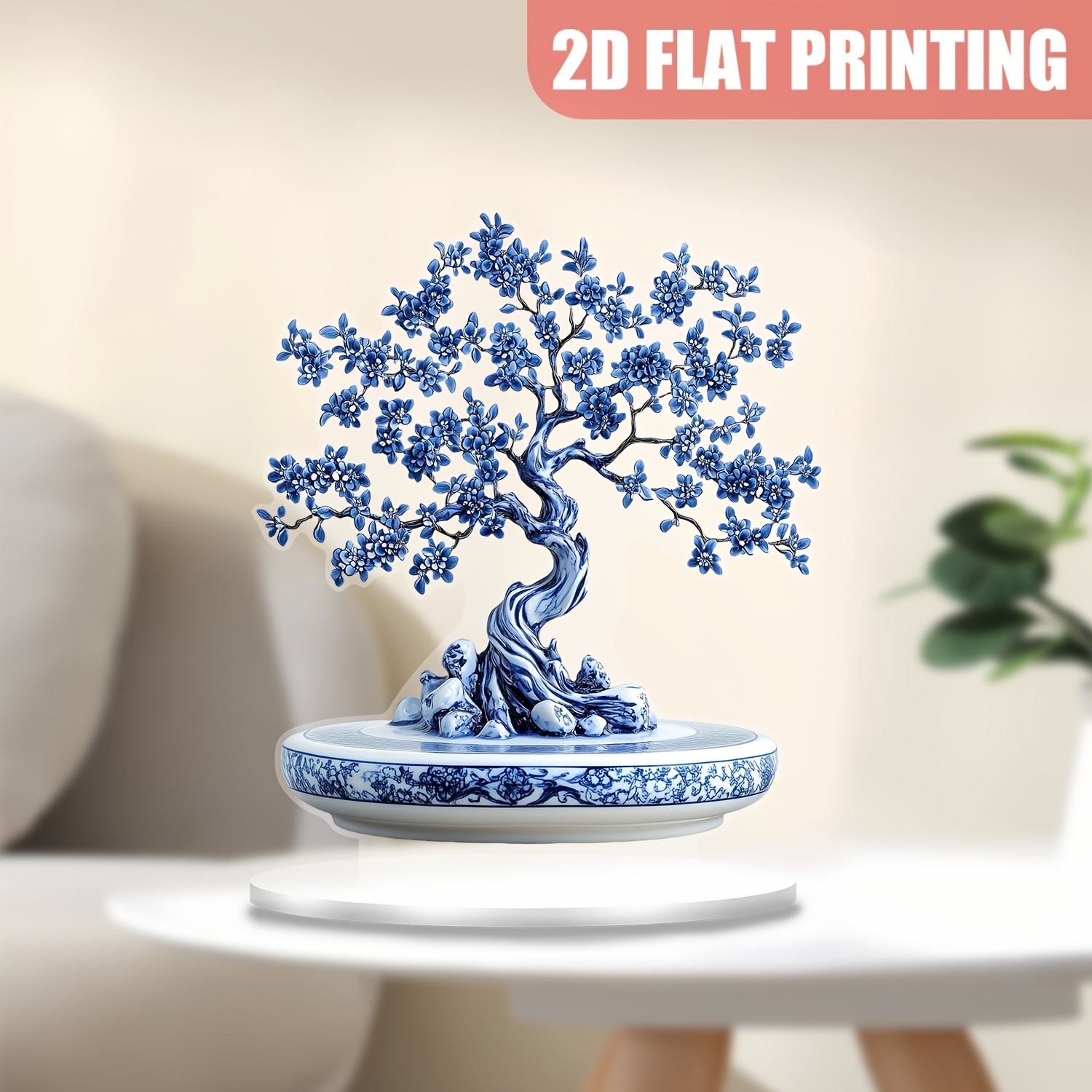 

2d Flat, Style Blue And White Porcelain Tree Of Life Acrylic Tabletop Decor, 7"x8" Multipurpose Plant Theme Decoration, Ideal For Office, Bedroom, Wedding, Easter, Spring Gifts - No Electricity Needed