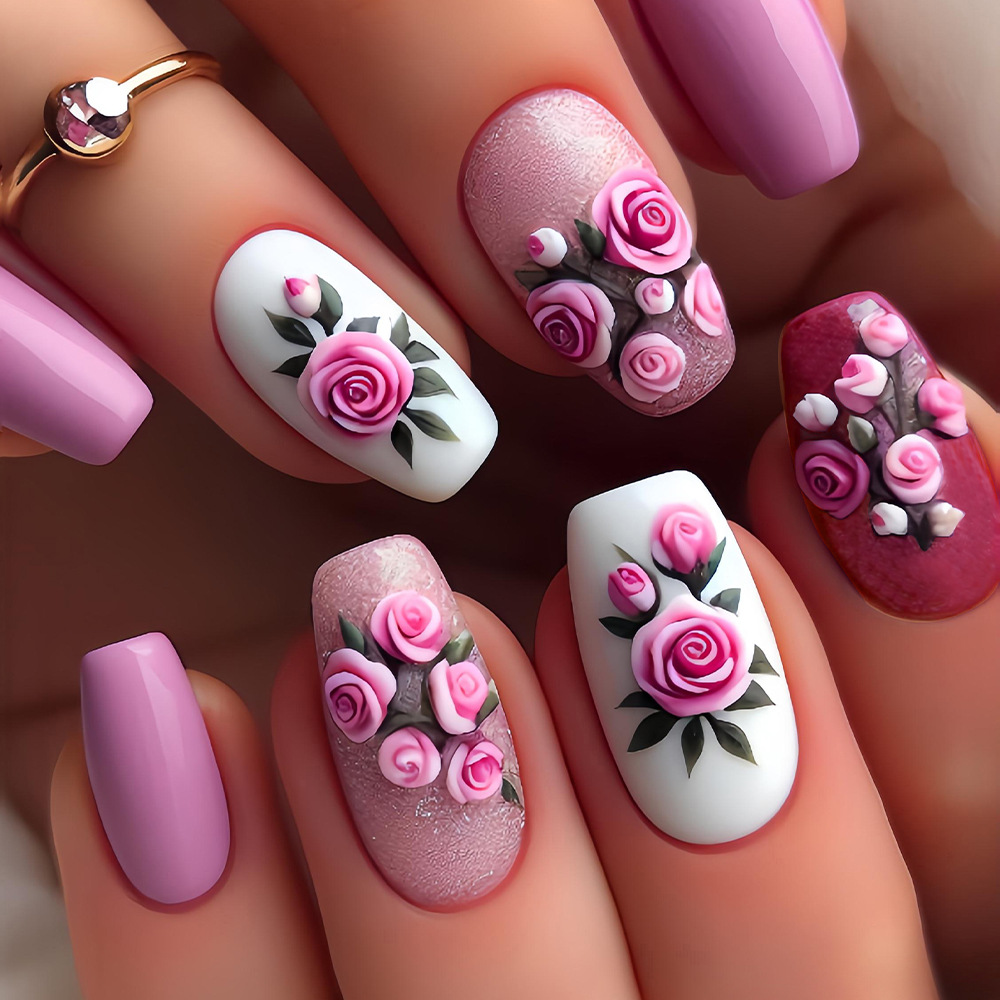 TEMU 48pcs Square 3d Rose Press On Nails Reusable Pink Base With 3d Rose Pattern Fake Nails Textured Finish Easy To Apply Long Lasting Waterproof