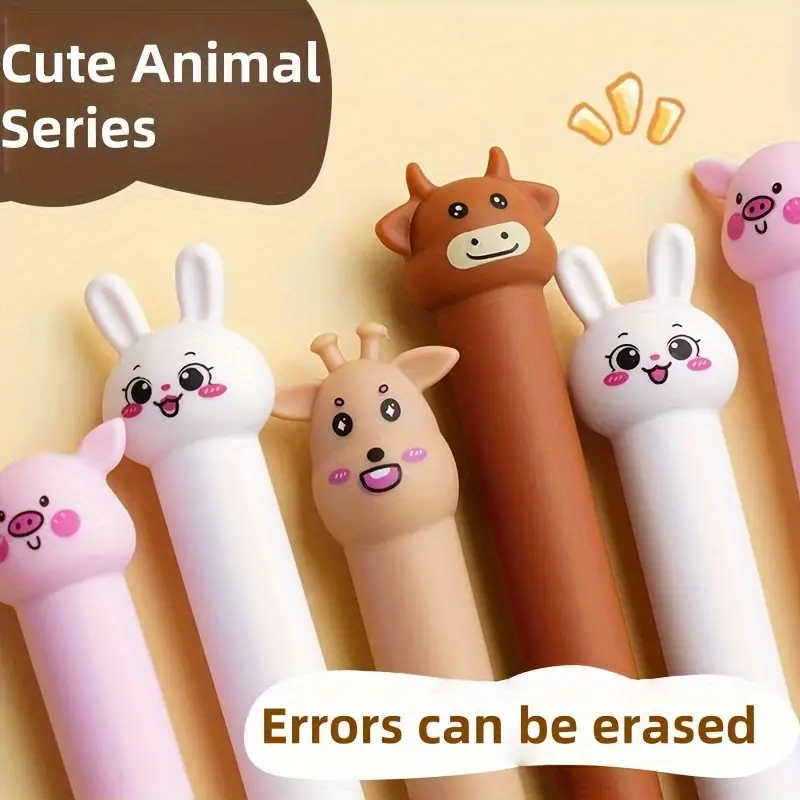 16pcs set of adorable animal themed erasable pens featuring a cow rabbit and deer with blue ink refills and built in erasers ideal for note taking and writing making them office and school use Product details 1