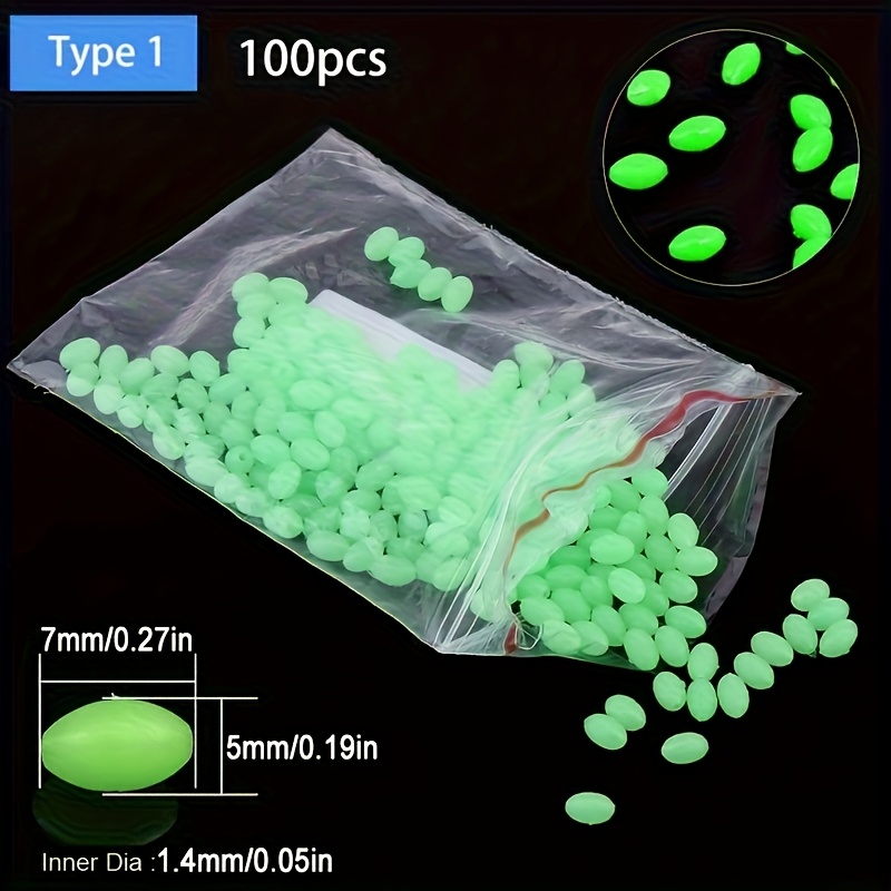 TEMU 100 Angelzubehör-Ergänzungen, leuchtende Angelperlen, ovale Leuchperlen aus Hart-/Weichplastik, Limitperlen, Angelköder-Set
