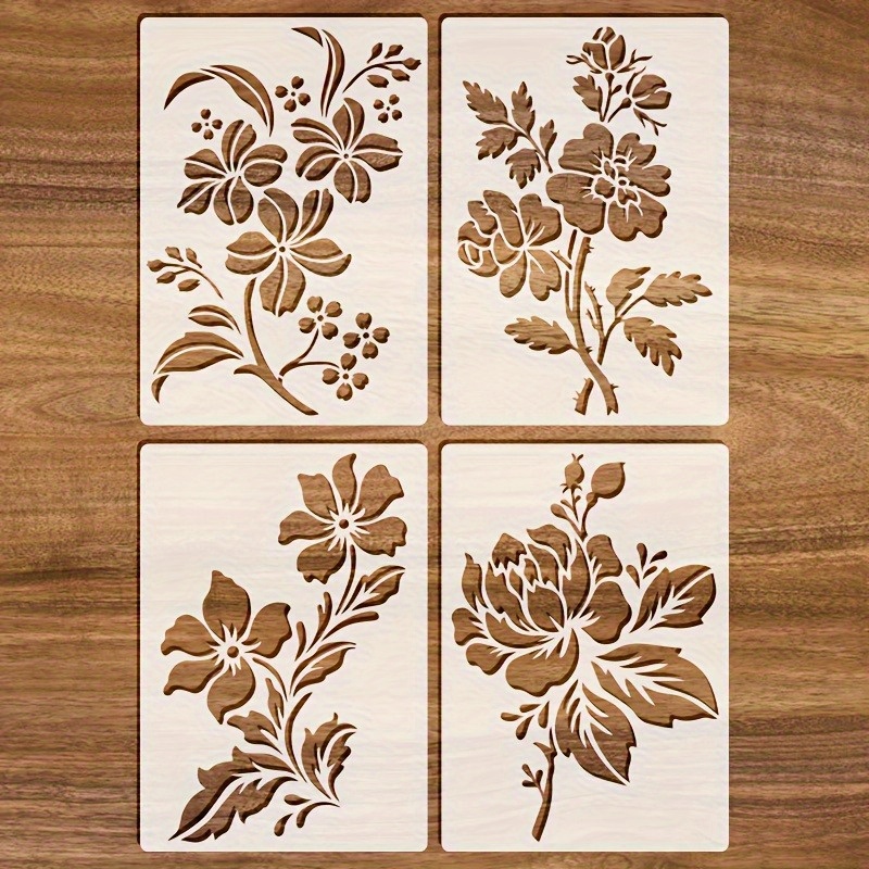 Image of 4pcs Floral Stencil Set, Templates - Complex Flowers And Leaves Designs, Suitable For Diy Crafts, Fabric, Photo Frames, Wood Panels Etc., Durable Pet Material, Cream Color, Reusable Artwork Stencils