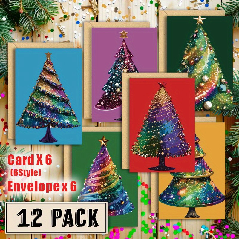 

12-pack Retro Glitter Christmas Tree Cards With Envelopes, Floor Mount Paper Holiday Greetings, No Power Required, Ideal For