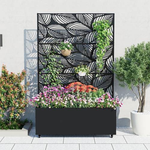 item picture metal raised garden bed with trellis and wheels 71 x47 x16 metal planter box with trellis privacy screen for climbing plants vegetable vines drainage holes 15 8 deep planting bed black