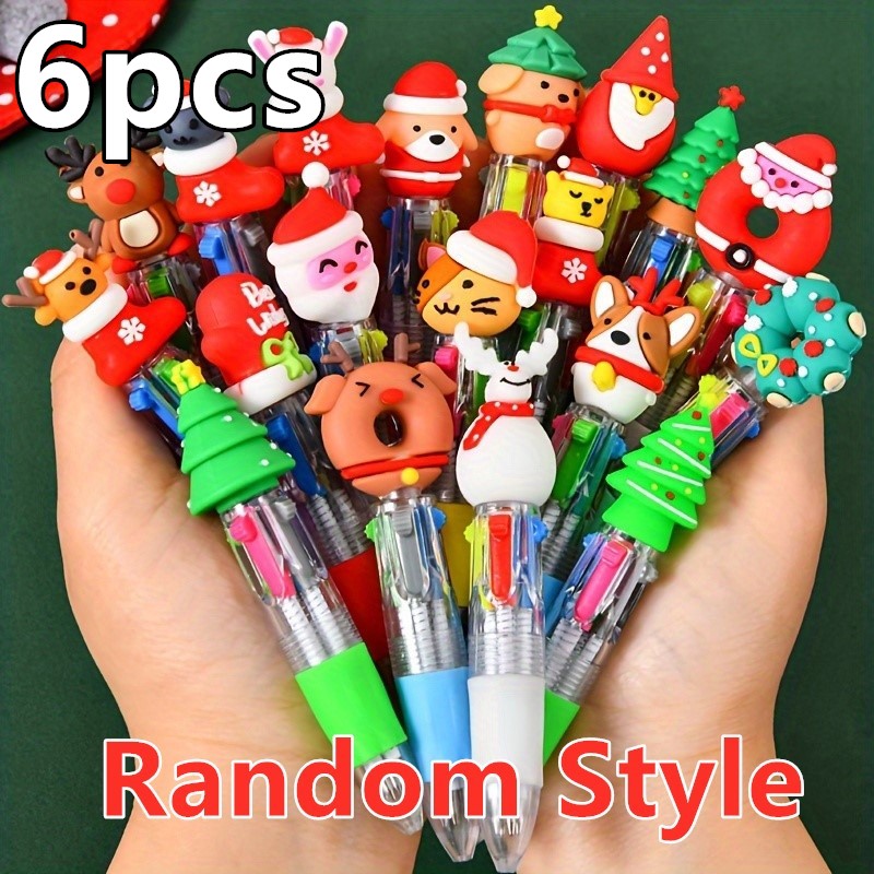 TEMU 6pcs/set, Christmas Ballpoint Pens, Cute Cartoon Christmas Designs, Retractable 4-color Ink, Journaling And Christmas Gift, Festive Pens For