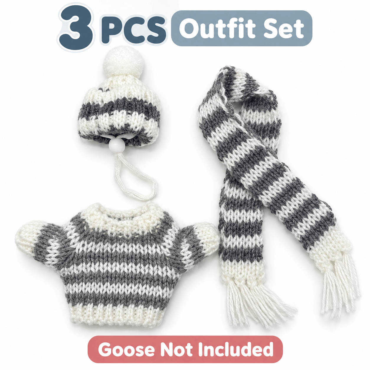 TEMU 3pcs 7-inch Desk Goose Christmas Outfits, Gray White Knitted Sweater Hat And Scarf Set For Mini Desktop Goose, Cozy Winter Goose Clothes