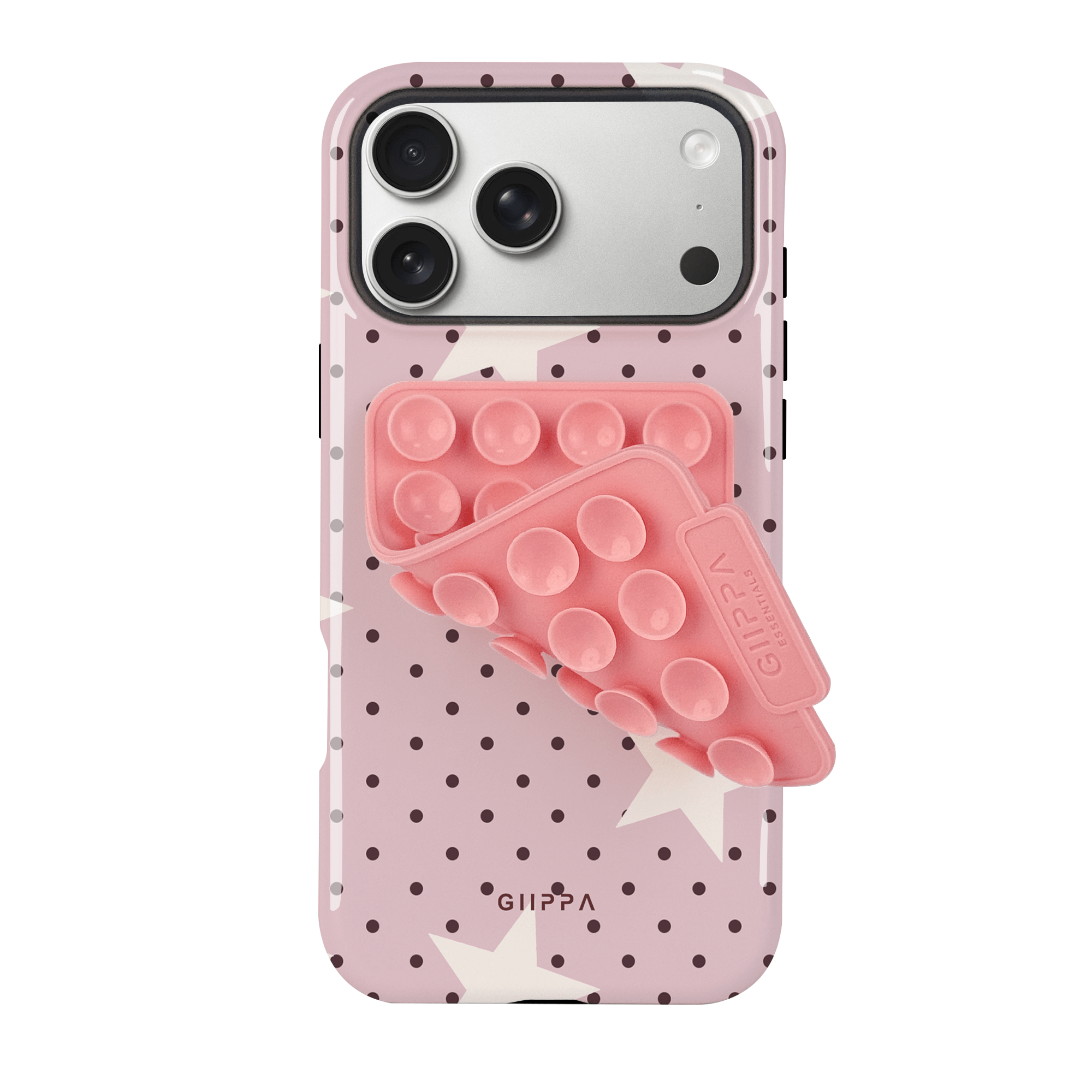 TEMU Phone Case: Pink Background With Brown Polka Dots And Stars Glossy 2in1 Film Case & Pink Suction Cup Set/tough Dual Layered/superior