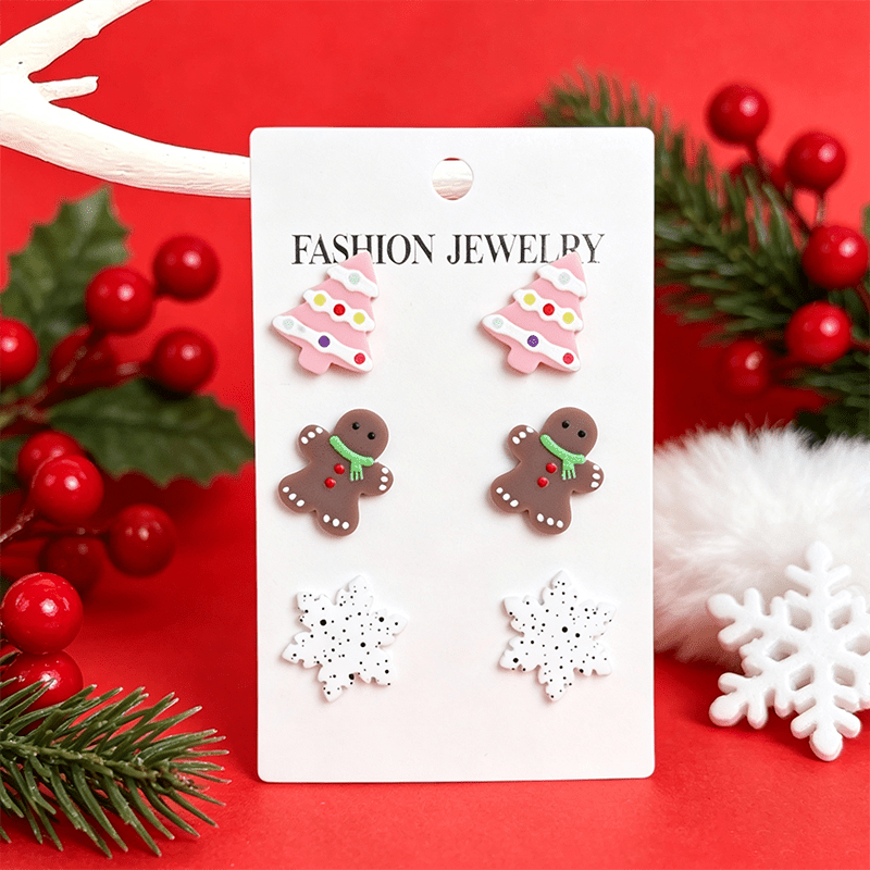 TEMU 3 Pairs Of Christmas-themed Stud Earrings With Unique And Creative Designs, Including Christmas Trees And Snowflakes. Made Of Acrylic, Stylish