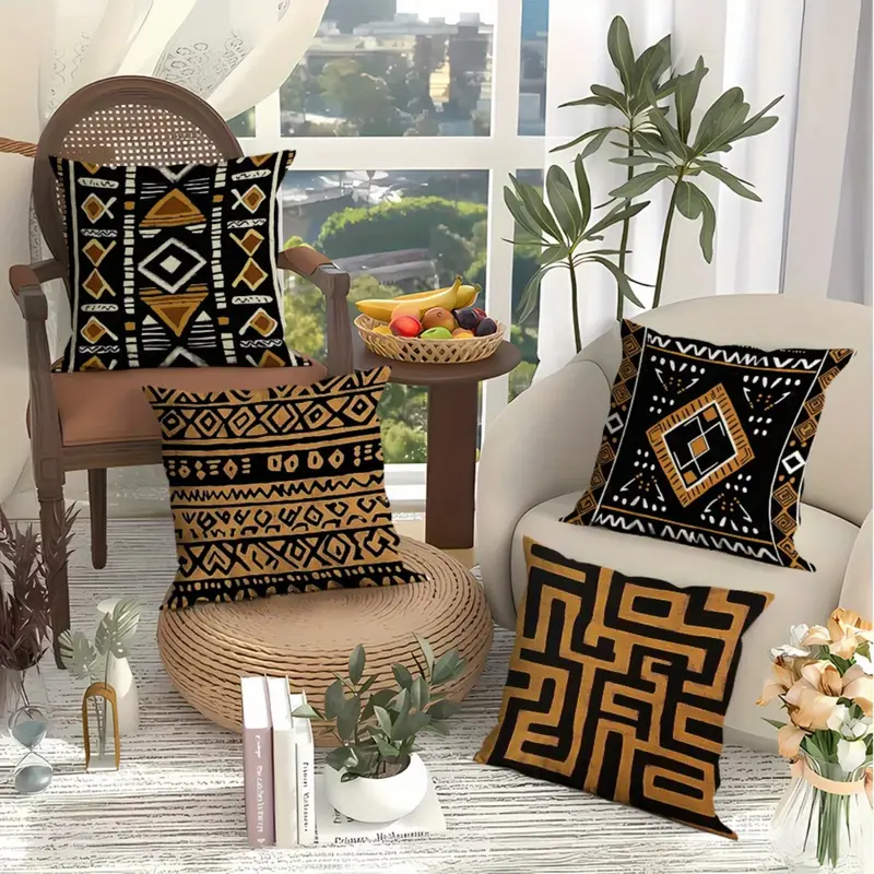 4pcs african tribal print decorative pillow covers double sided polyester with zipper closure machine washable indoor outdoor sofa bed couch pillowcases black golden geometric patterns no insert couch pillow covers Product details 3