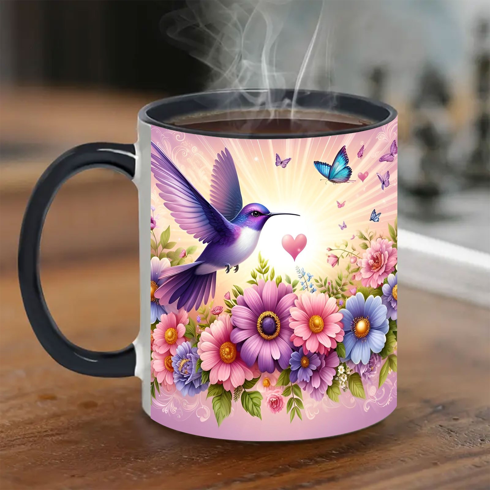 TEMU 1pc 11oz Ceramic Mug With Vibrant Floral & Hummingbird Design - Insulated Reusable Coffee Tea Cup, Hand Wash Only, Birthdays, Christmas, Coffee Bar Accessories, Coffee Mug