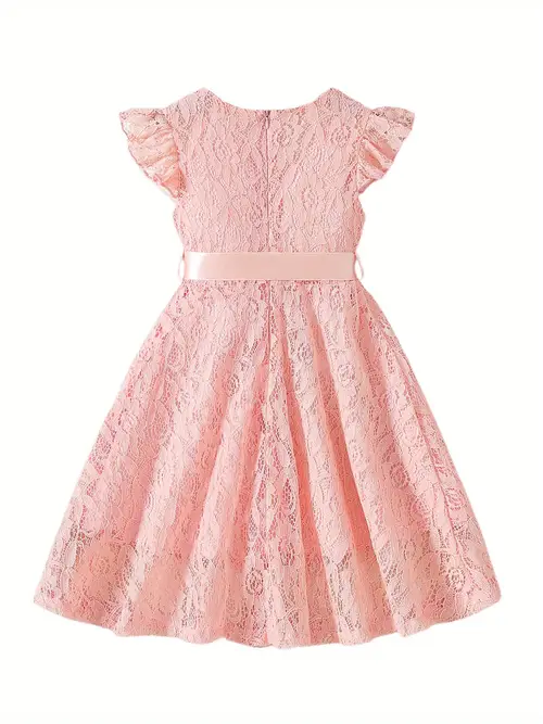 kids girls dress lace fly sleeve round neck casual dress fashion summer dress with belt