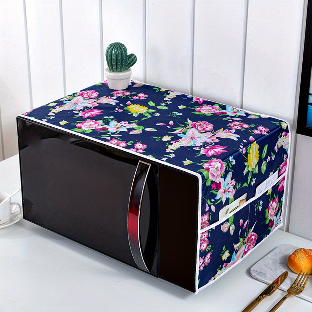 Image of 1pc Kitchen Microwave Printed Cover Cloth With Side Double Pockets, Microwave Oven Cover, Kitchen Storage And Organization Hanging Bag, 39.37in