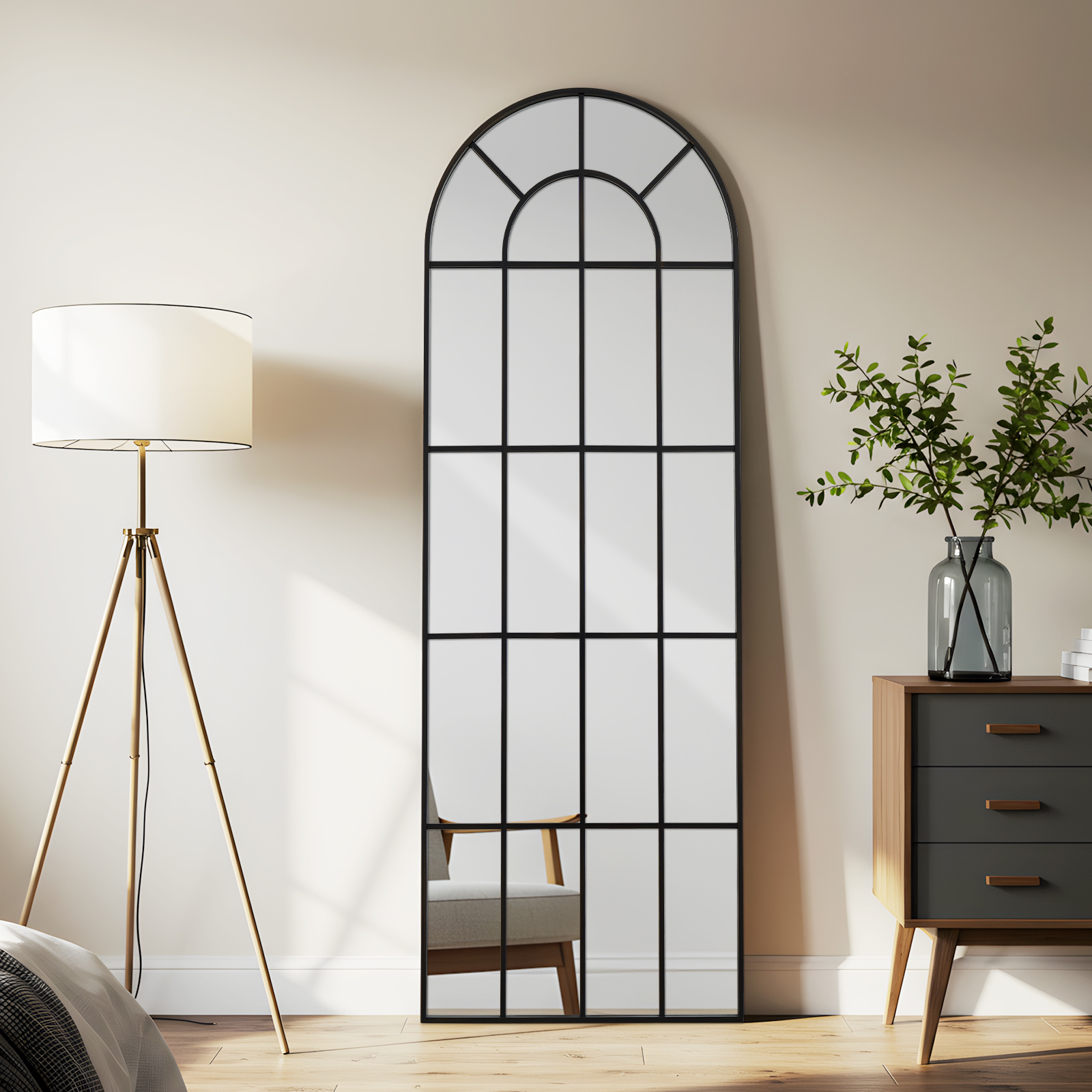 Image of A Large Full-length Mirror Measuring 76x180 Cm With A Black Grid Design, Perfect For The Entryway, Hallway, Living Room, Or Near A Fireplace