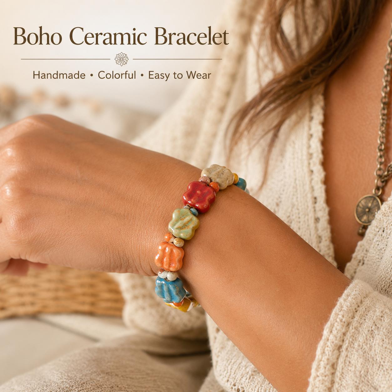 Colorful Ceramic Beaded Stretch Bracelet, Boho Handmade Look