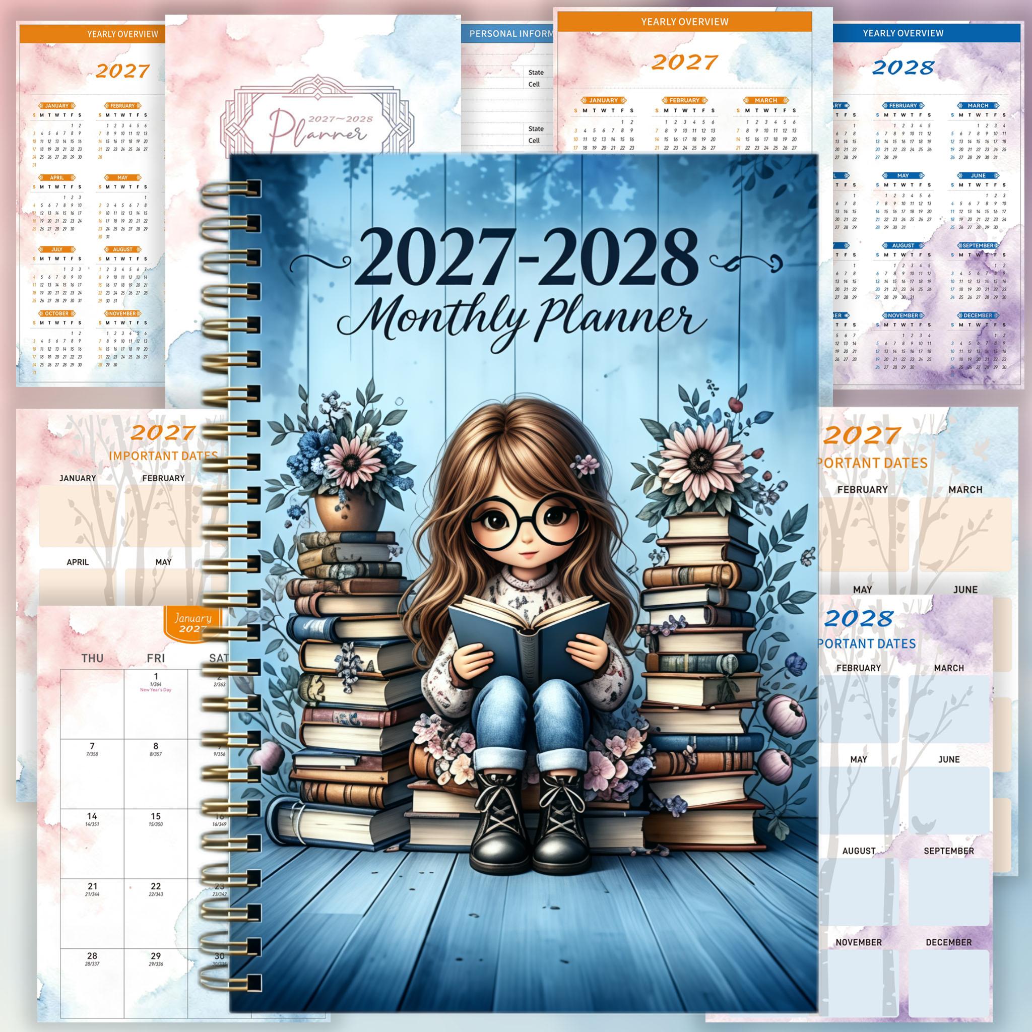 TEMU Calendrier 2 ans 2027-2028 | Reliure robuste à double fil, 62 pages, 24 mois, 5.5X8.3 pouces, papier épais, fermeture élastique, avec pages de