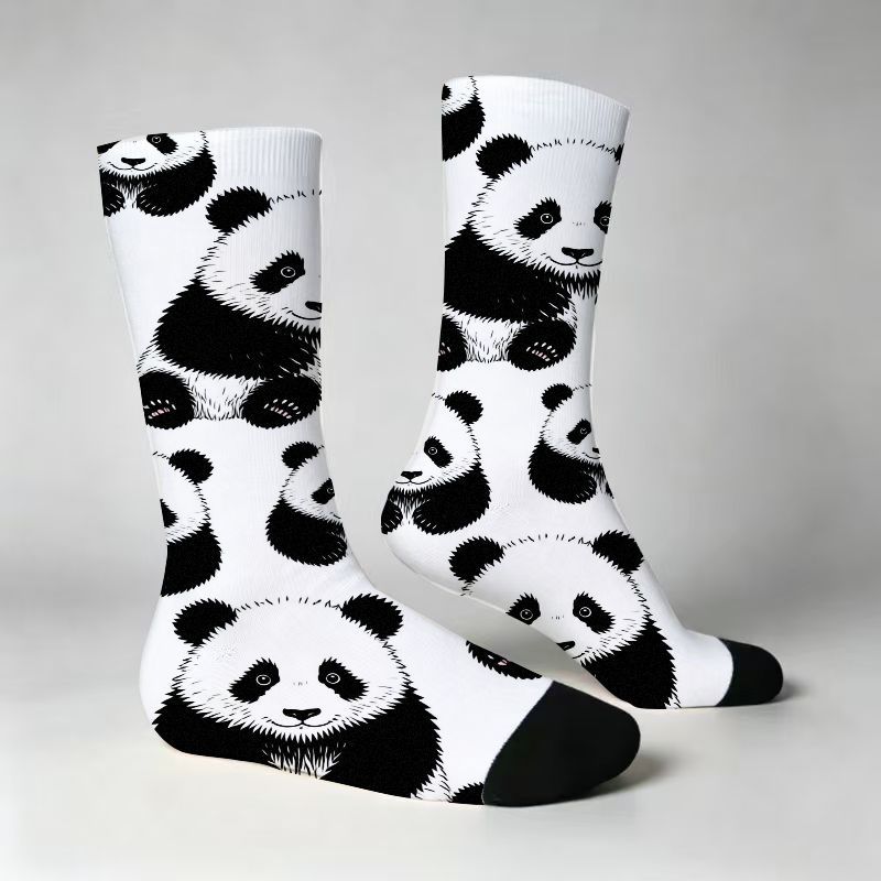 TEMU Cute Panda Print Crew Socks, Adorable Black And White Cartoon Animal Pattern Casual Socks For Men Women, Soft Breathable Comfortable Daily Wear,