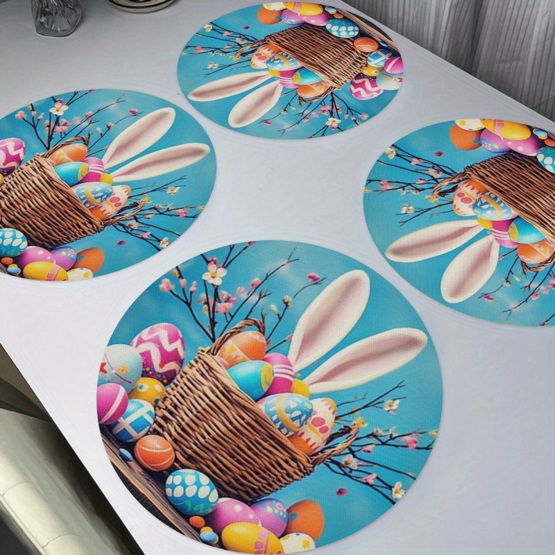 

4pcs Easter Bunny & Egg Placemat.round Placemats Set Of 4, Polyester, Hand Washable, 15in Elegant Dinner Table Mats For Home And Restaurant Decor