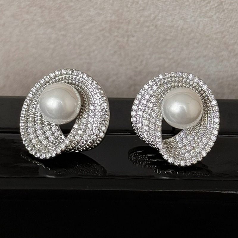 TEMU High-end Luxury Inlay Shiny Zirconia Shells Pearls Spiral Studs For Women Banquets Parties Weddings Elegant Jewelry Exquisite Birthday Gifts