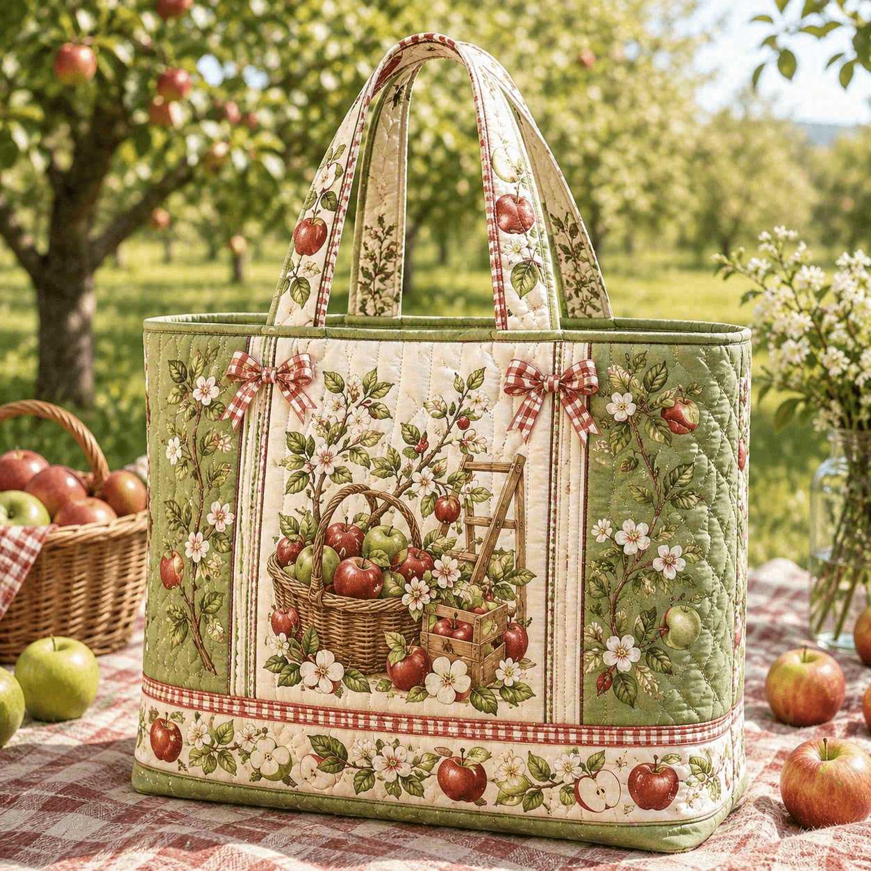 TEMU Sac fourre-tout matelassé, Panier de verger de pommiers avec pommes rouges et , fleurs et nœuds vichy, Motif de récolte champêtre, Grand sac