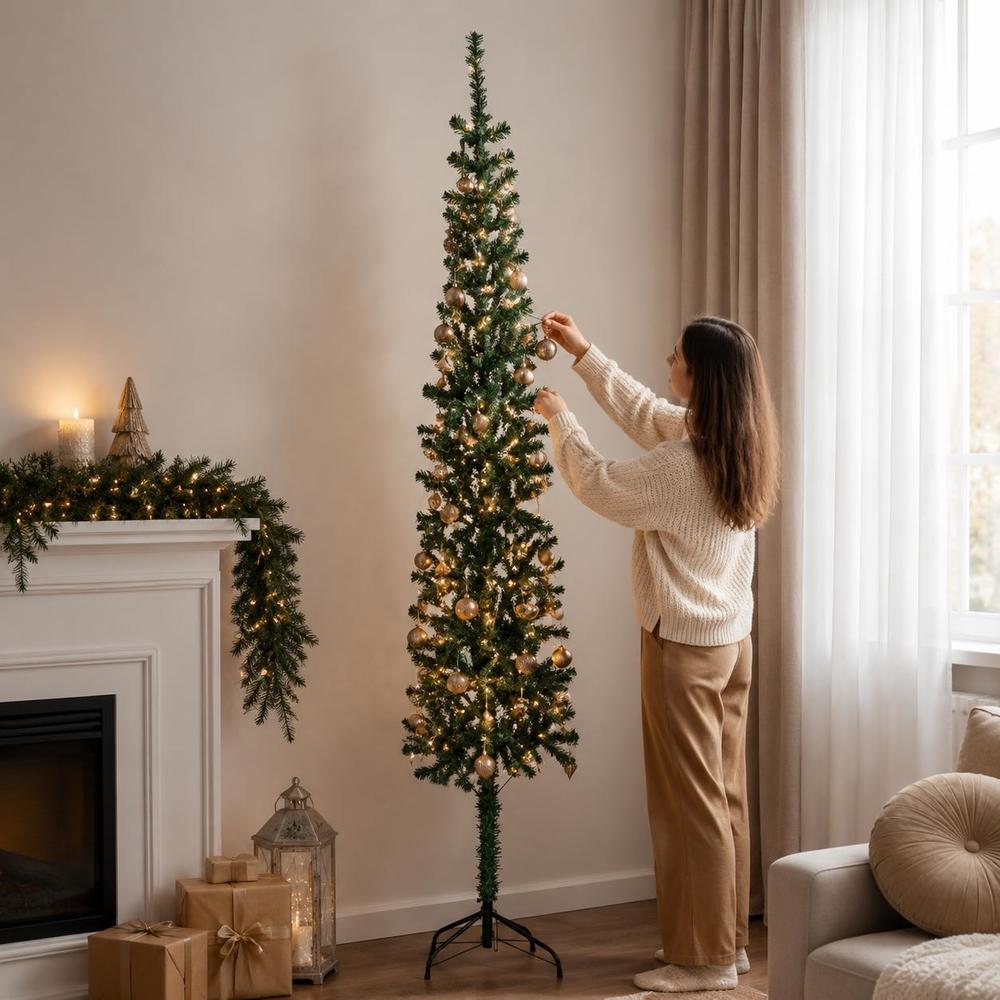 Image of 180 Cm Half Round Artificial Christmas Tree With Stand Slim Wall Mounted Space Saving Pvc Fake Xmas Decor For Room