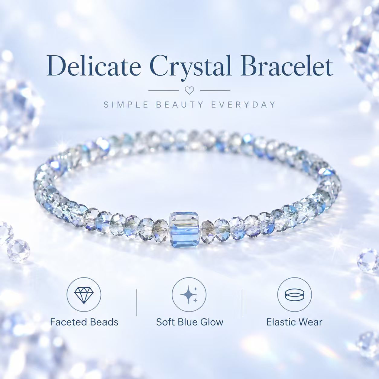 TEMU Women's Blue Beaded Stretch Bracelet - Stackable Cord Design With Crystal Beads, Non-metal Suitable For Daily Wear, Weddings, Parties, Vacations
