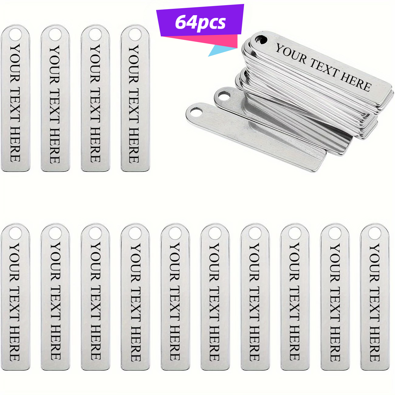 TEMU 64/34/12pcs Custom Stainless Steel Rectangular Blank Labels, Suitable For Diy Crafts - Ideal For Keychains, Bookmarks, Dog Tags, And Jewelry