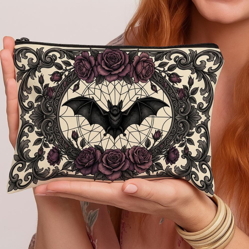 TEMU Gothic Bat & Purple Rose High Quality Cosmetic Bag - Vintage Bat-themed Makeup Pouch Suitable For Goth Lovers, Travel Toiletry With Bat Print,