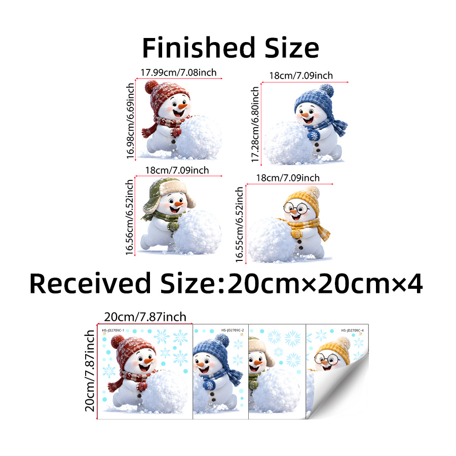 TEMU 2d Flat, 4pcs/1set Cute Snowmen Pushing Static Cling Window Sticker, Glass Sticker, Double-sided Reusable Decal, Flat 2d Christmas Window Decor